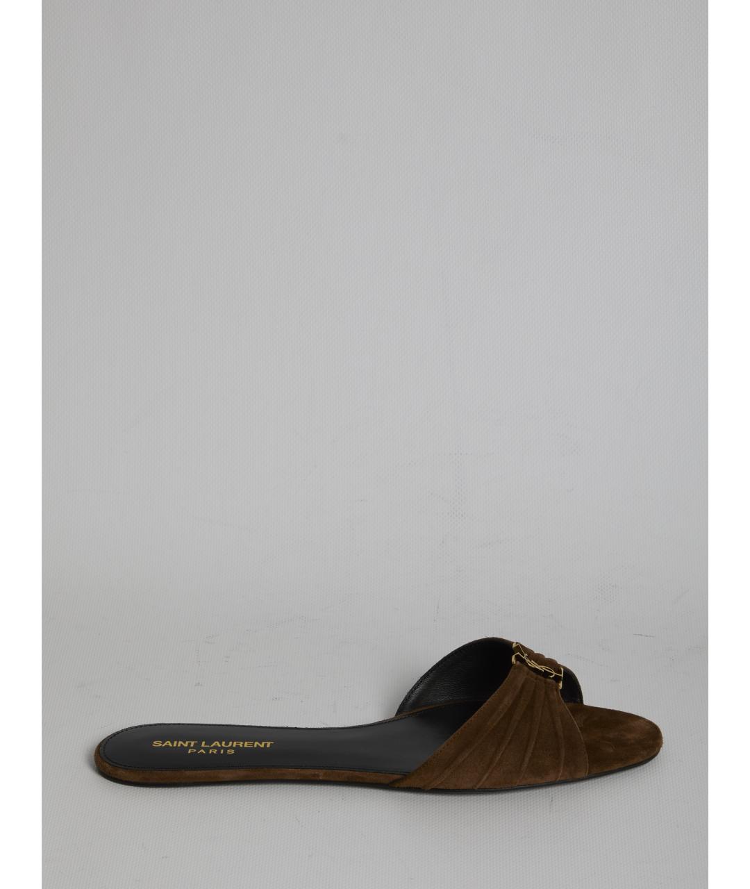 SAINT LAURENT Коричневые замшевые шлепанцы, фото 6