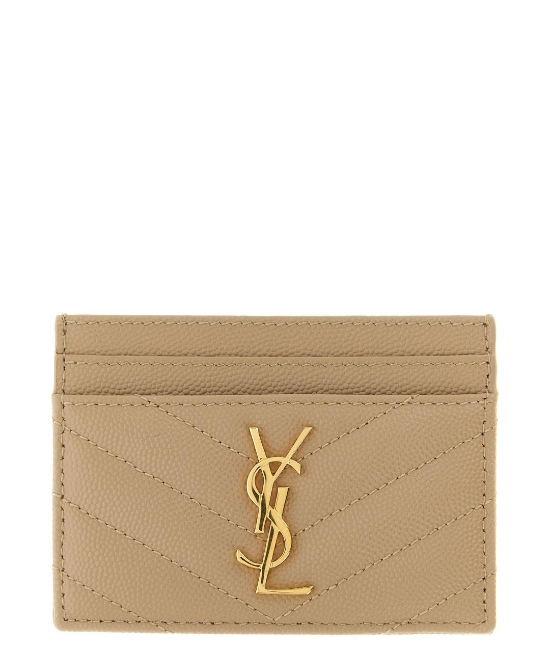 SAINT LAURENT Бежевый кожаный кардхолдер, фото 1