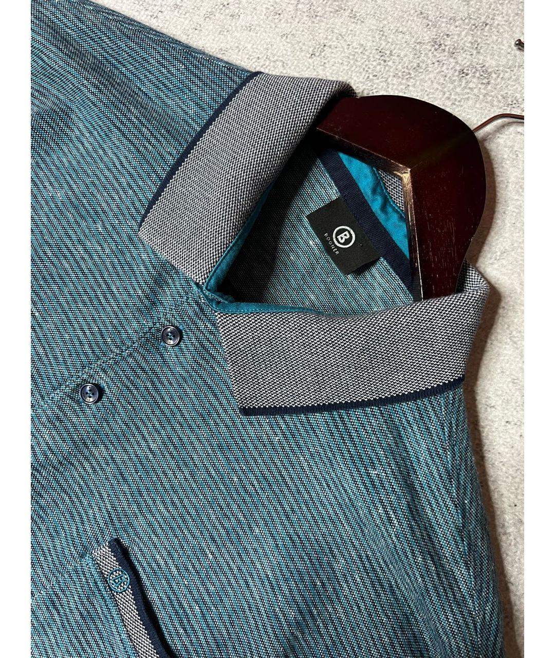 BOGNER Голубое хлопко-леновое поло с коротким рукавом, фото 5