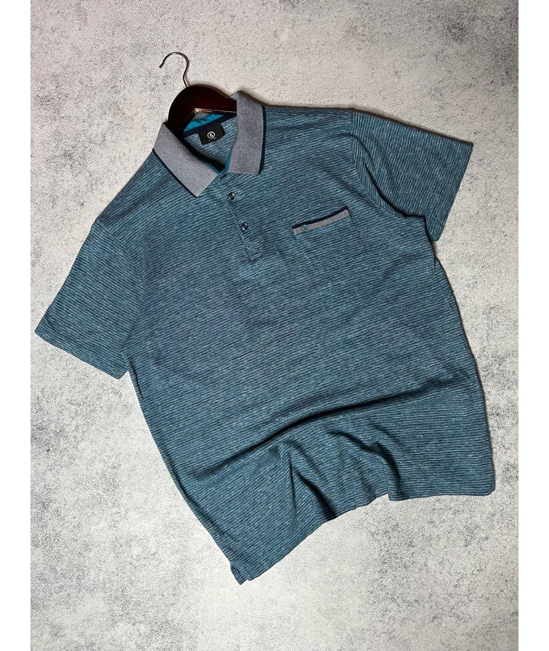 BOGNER Голубое хлопко-леновое поло с коротким рукавом, фото 2