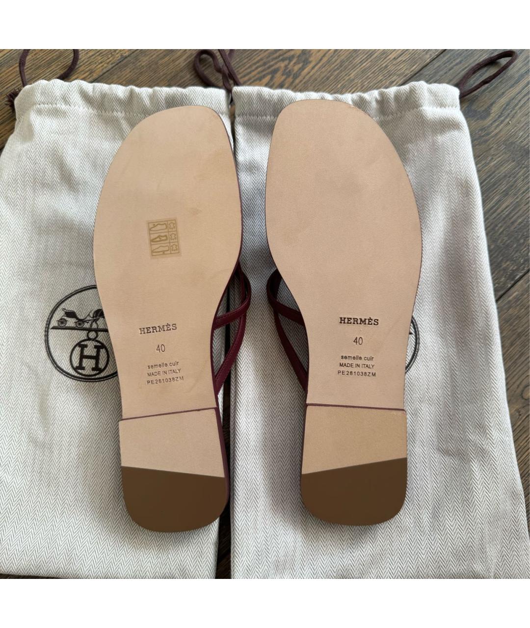 HERMES Бордовые кожаные шлепанцы, фото 3