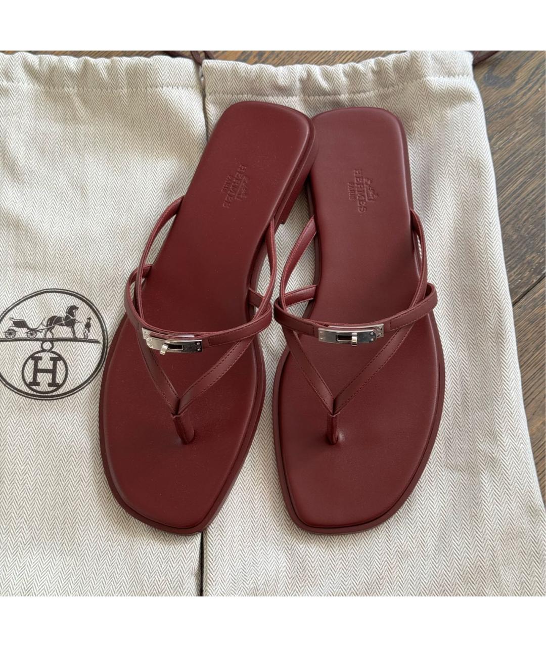 HERMES Бордовые кожаные шлепанцы, фото 2