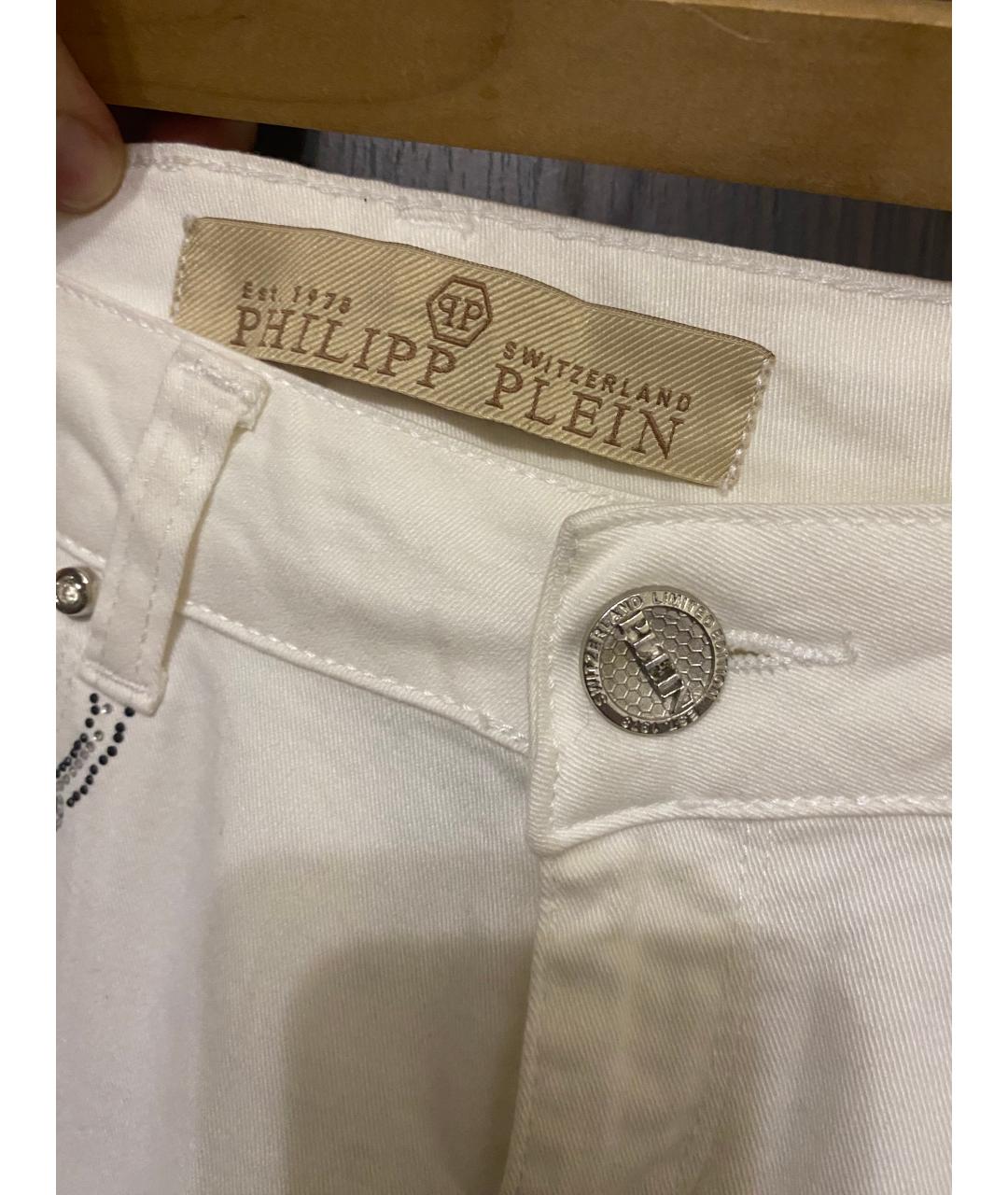 PHILIPP PLEIN Белые хлопко-эластановые прямые джинсы, фото 3