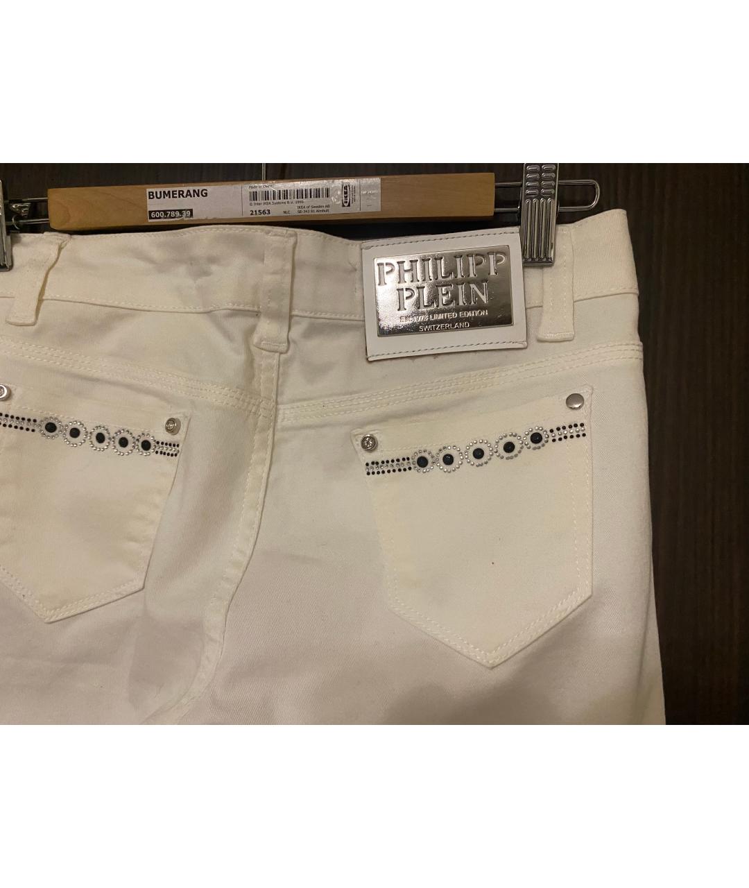 PHILIPP PLEIN Белые хлопко-эластановые прямые джинсы, фото 4