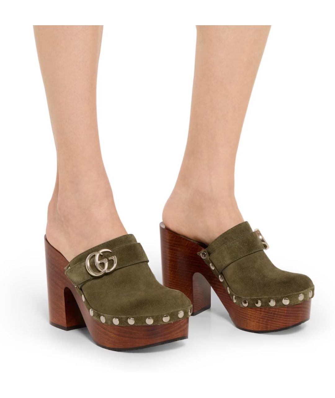 GUCCI Хаки замшевые сабо, фото 3