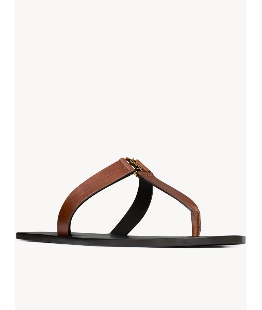 SAINT LAURENT Коричневые кожаные шлепанцы, фото 3