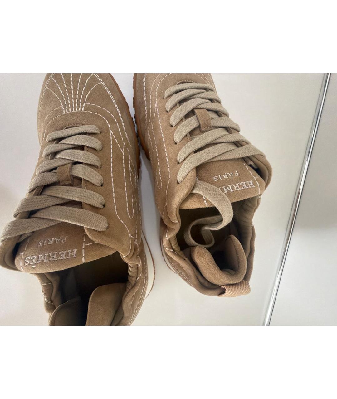 HERMES Бежевые замшевые кроссовки, фото 5
