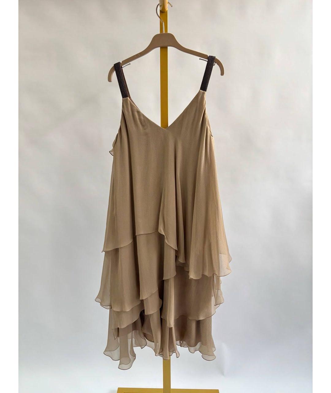 BRUNELLO CUCINELLI Коричневое шелковое повседневное платье, фото 2