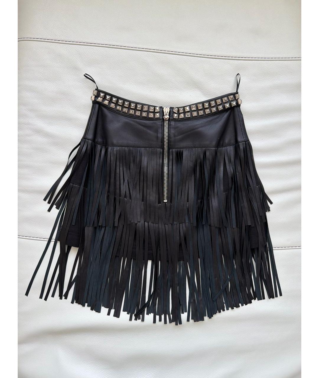 PHILIPP PLEIN Черная кожаная юбка мини, фото 2