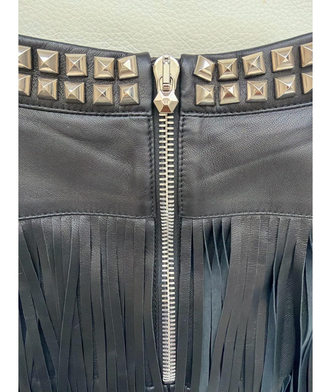 PHILIPP PLEIN Черная кожаная юбка мини, фото 3