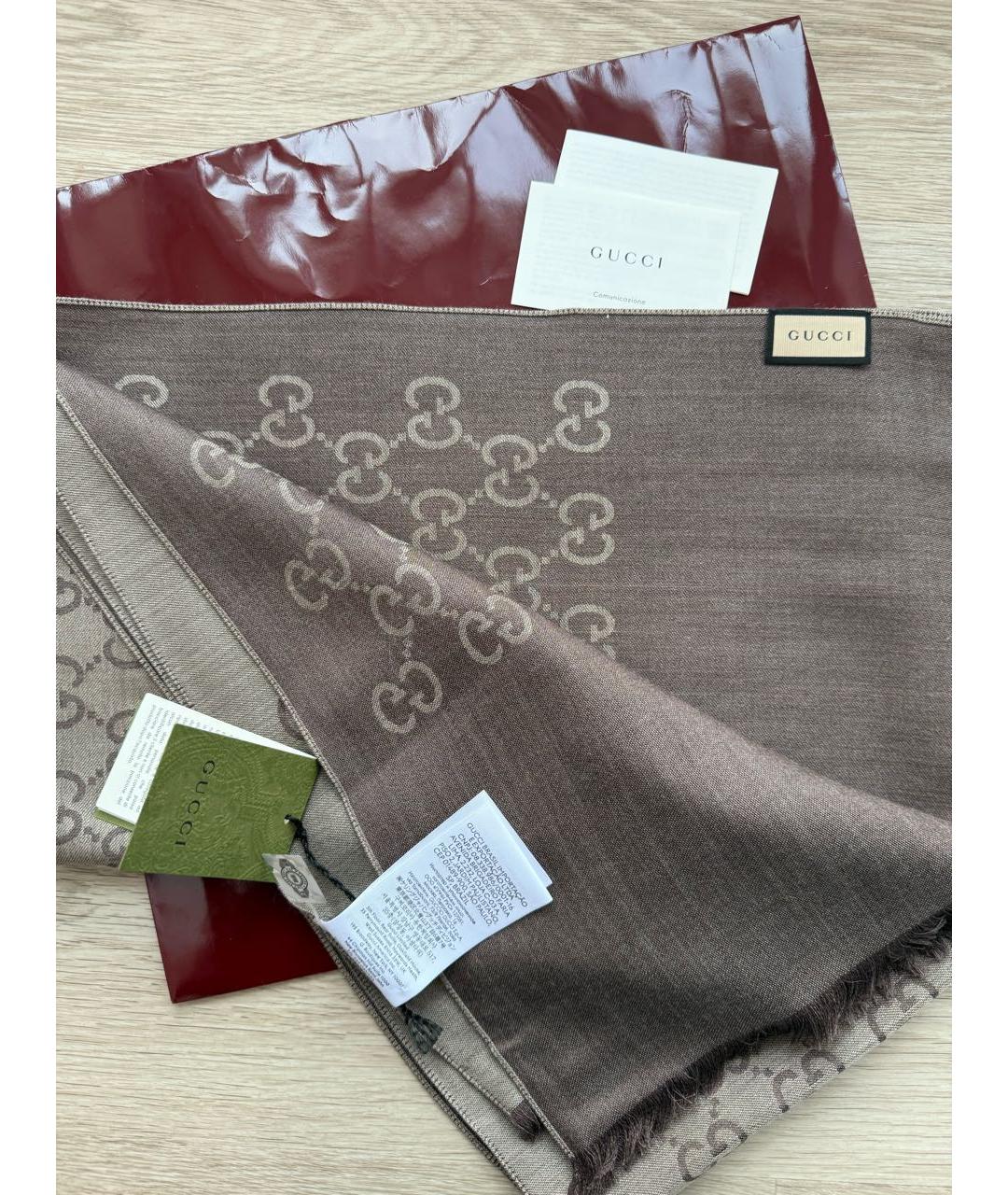 GUCCI Коричневый шерстяной шарф, фото 4