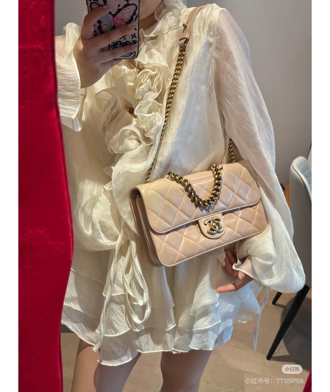 CHANEL Бежевая кожаная сумка через плечо, фото 6