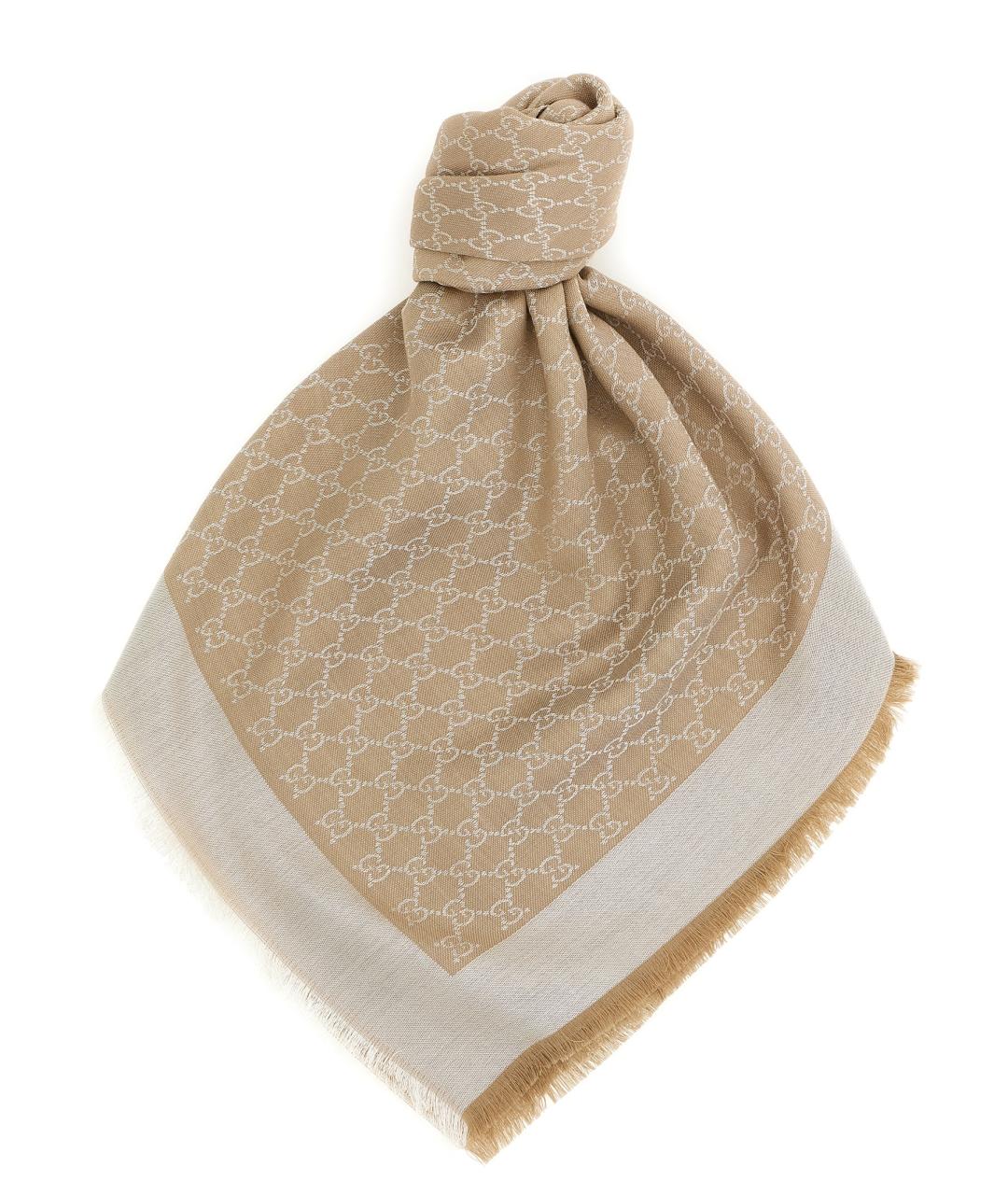 GUCCI Бежевый шелковый шарф, фото 1