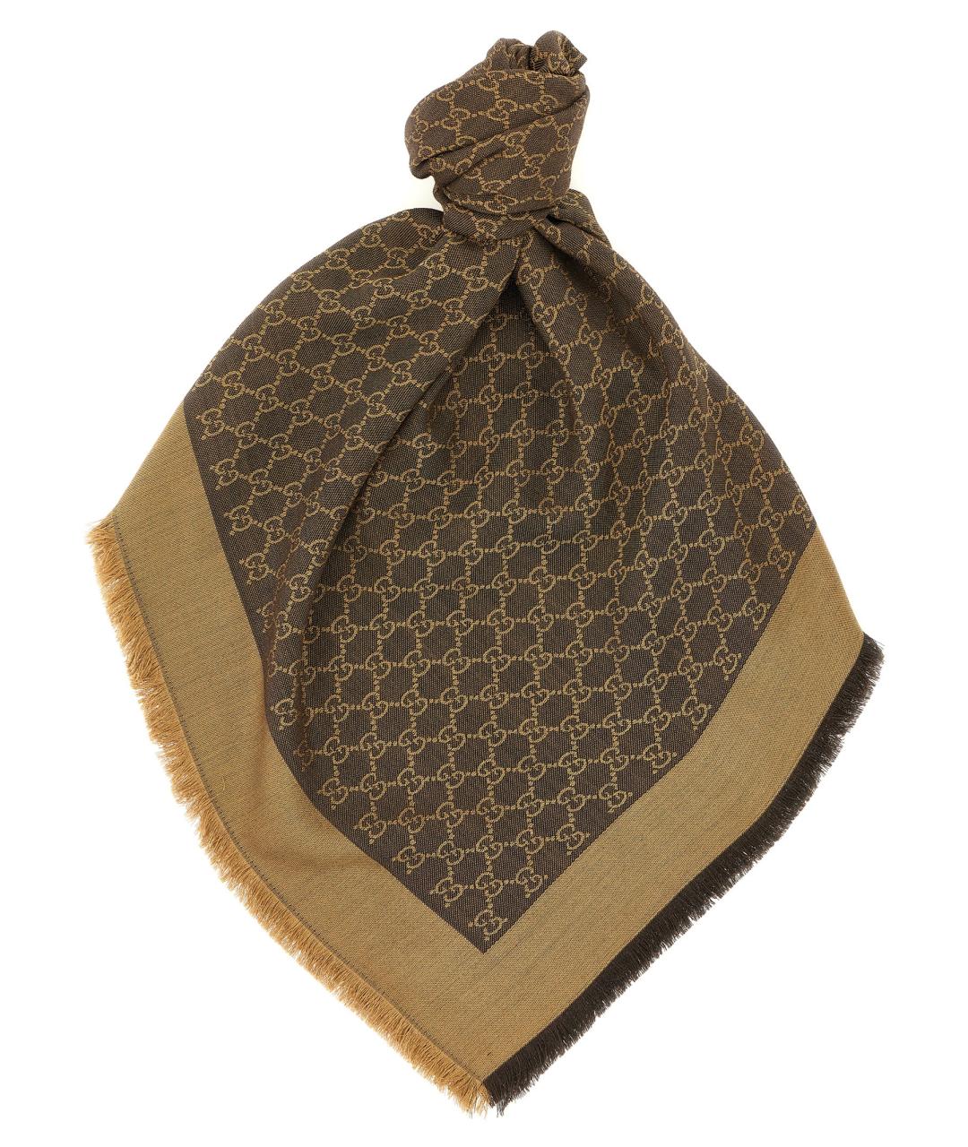 GUCCI Коричневый шелковый шарф, фото 1