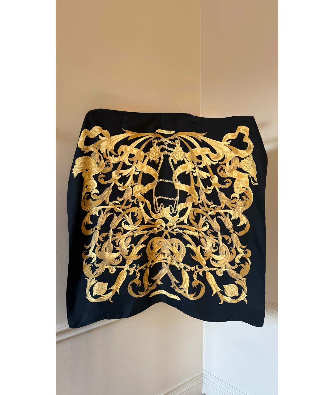 HERMES Черный шелковый платок, фото 2