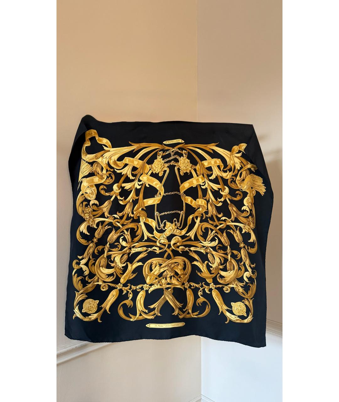 HERMES Черный шелковый платок, фото 5