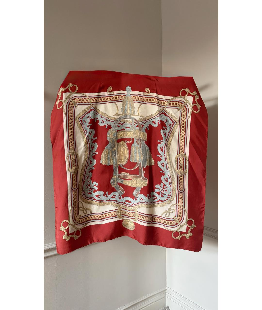 HERMES Красный шелковый платок, фото 7