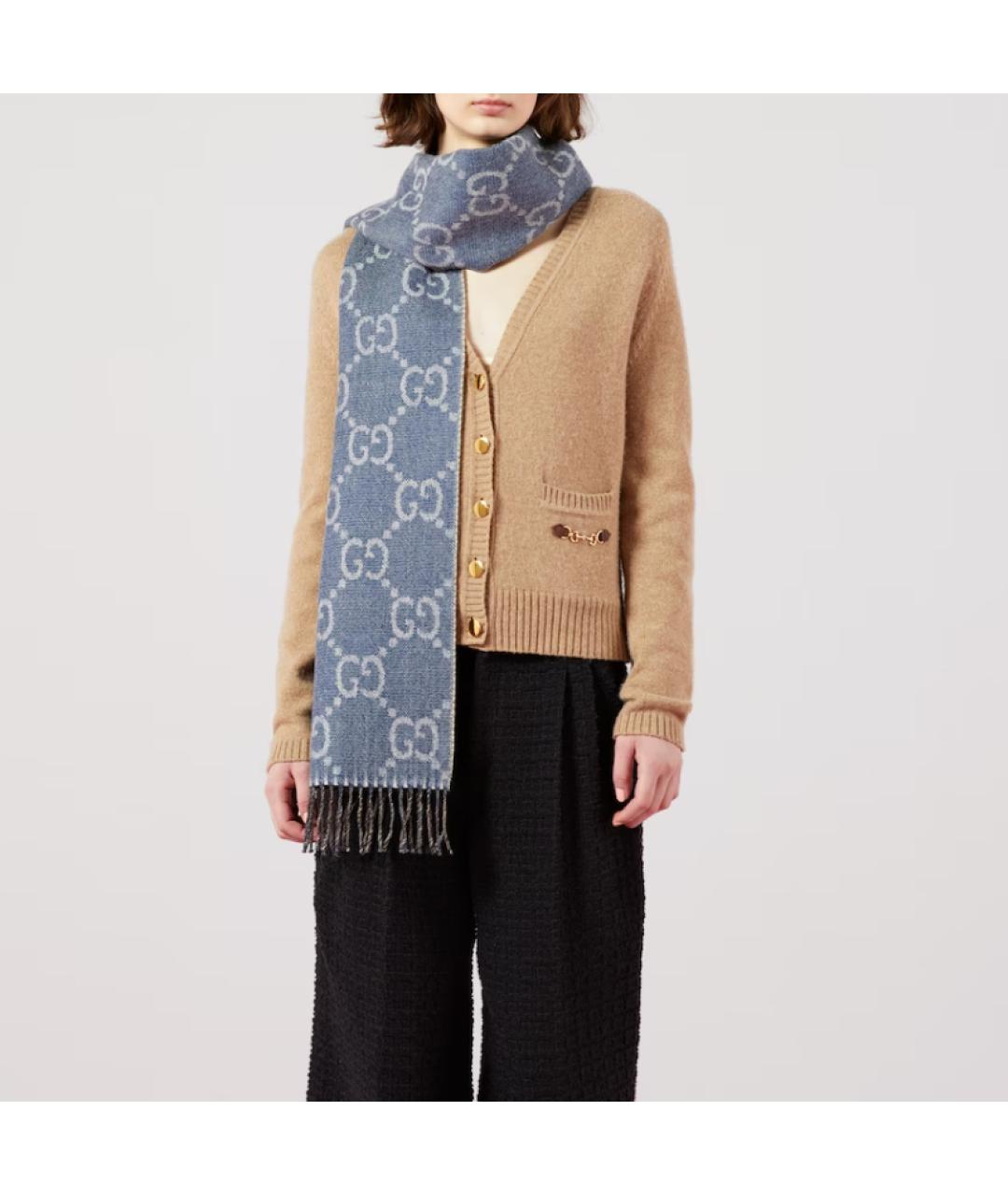 GUCCI Синий шерстяной шарф, фото 5