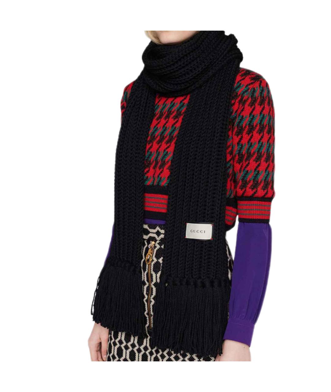 GUCCI Черный шерстяной шарф, фото 4