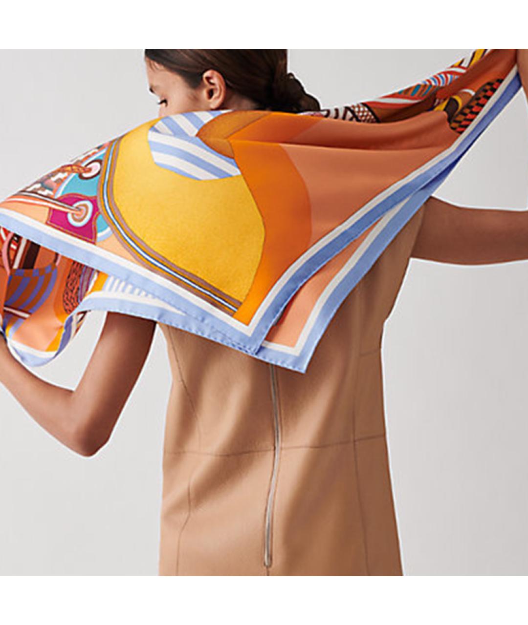HERMES Оранжевый шелковый шарф, фото 2