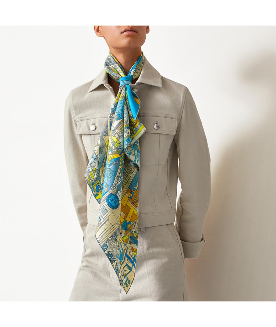 HERMES Голубой шелковый шарф, фото 2