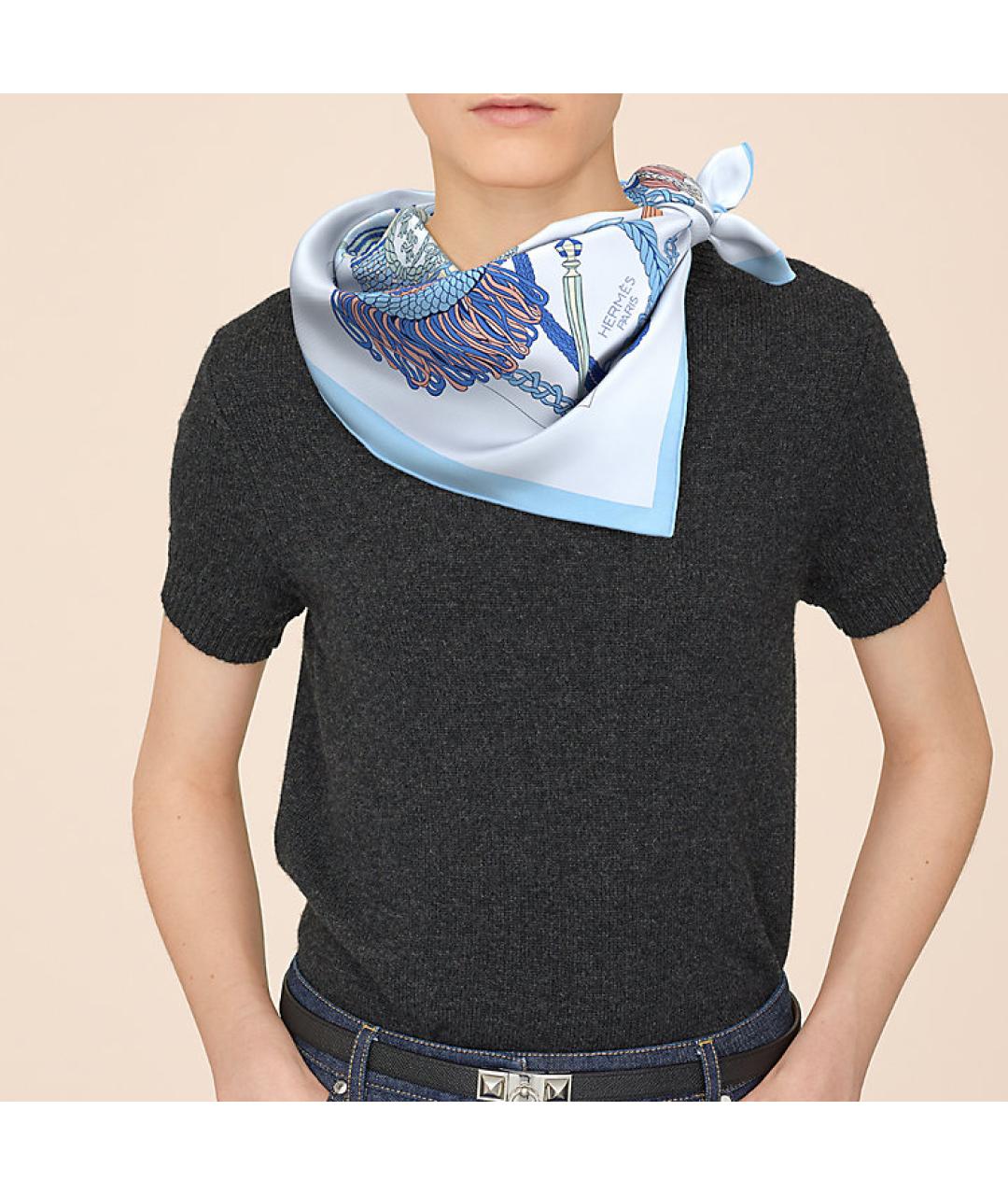 HERMES Голубой шелковый шарф, фото 3