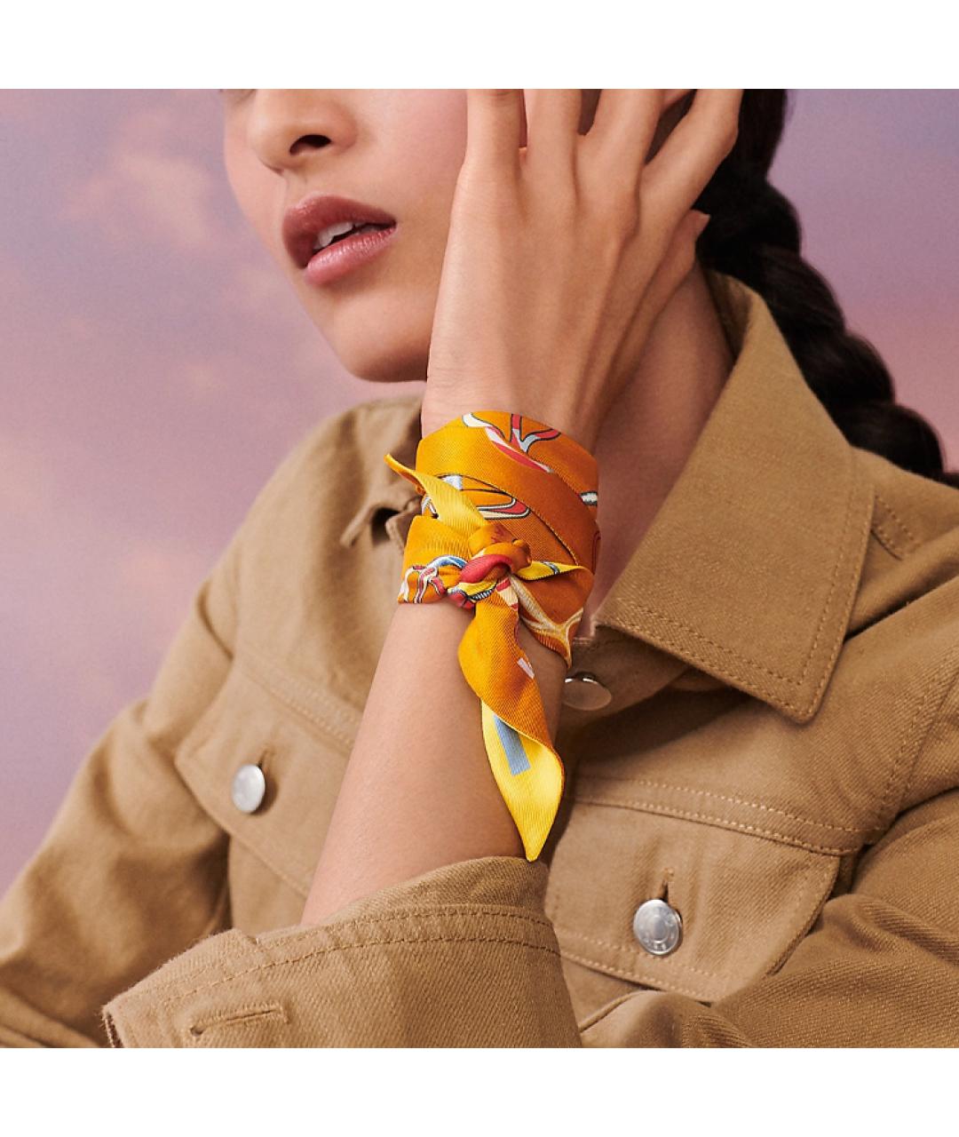 HERMES Желтый шелковый шарф, фото 2