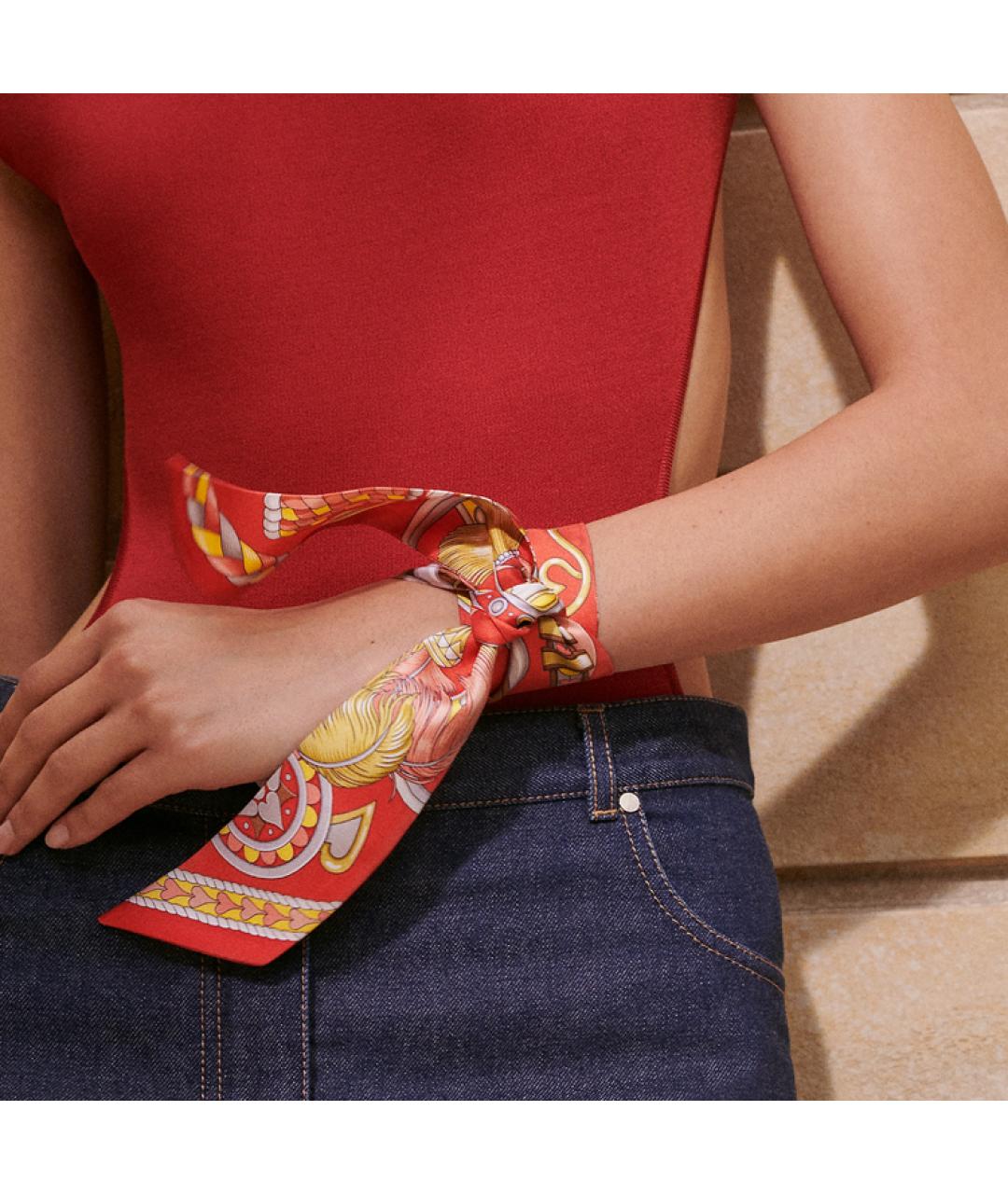 HERMES Красный шелковый шарф, фото 2