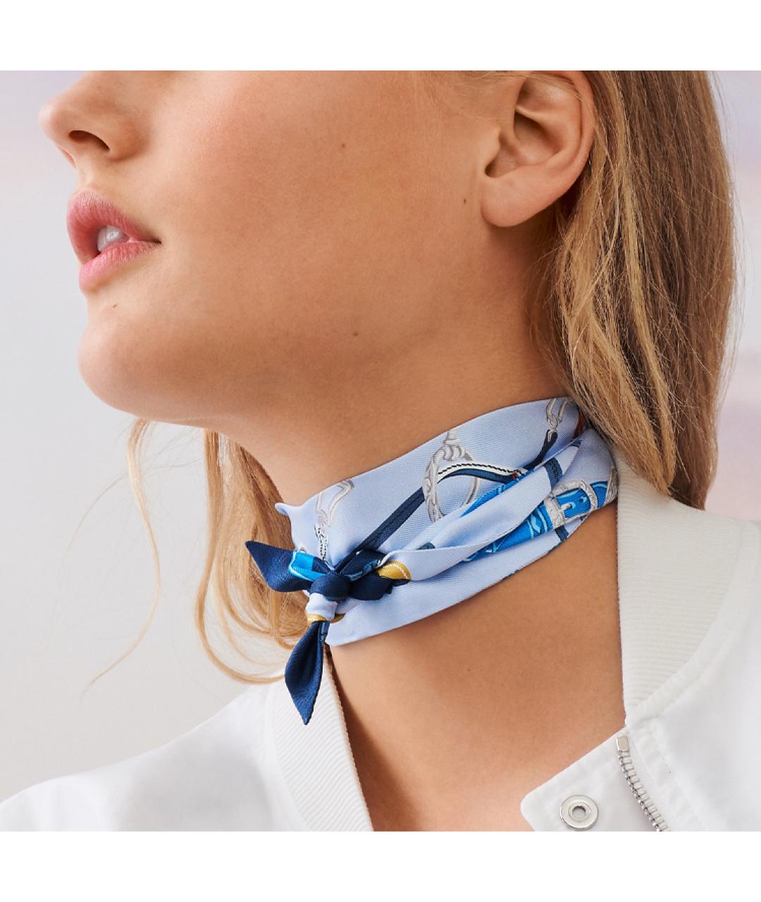 HERMES Голубой шелковый шарф, фото 2