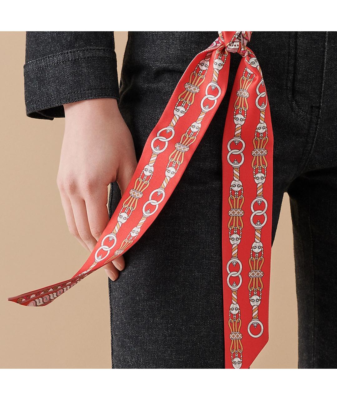 HERMES Красный шелковый шарф, фото 2