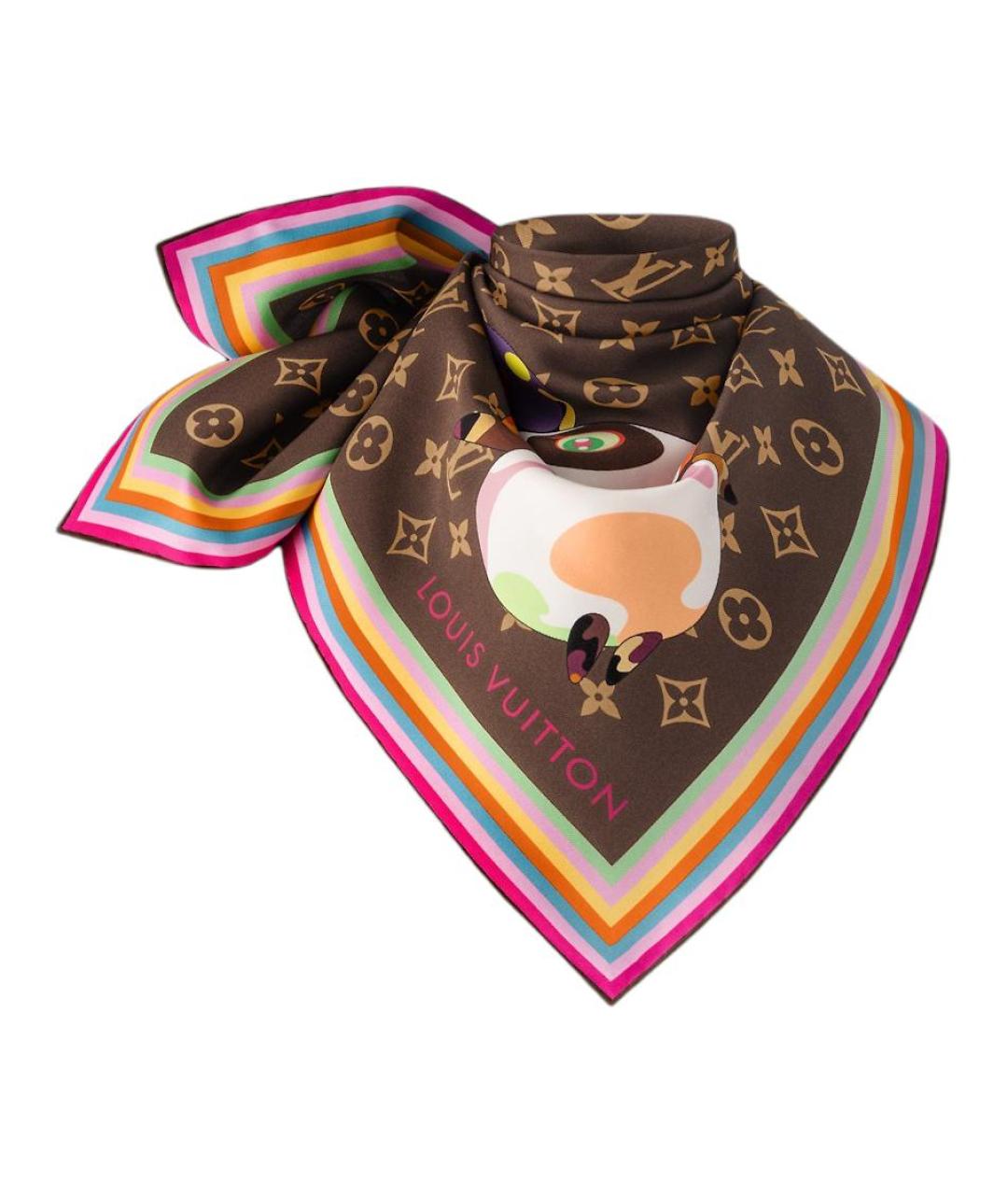 LOUIS VUITTON Коричневый шелковый шарф, фото 2