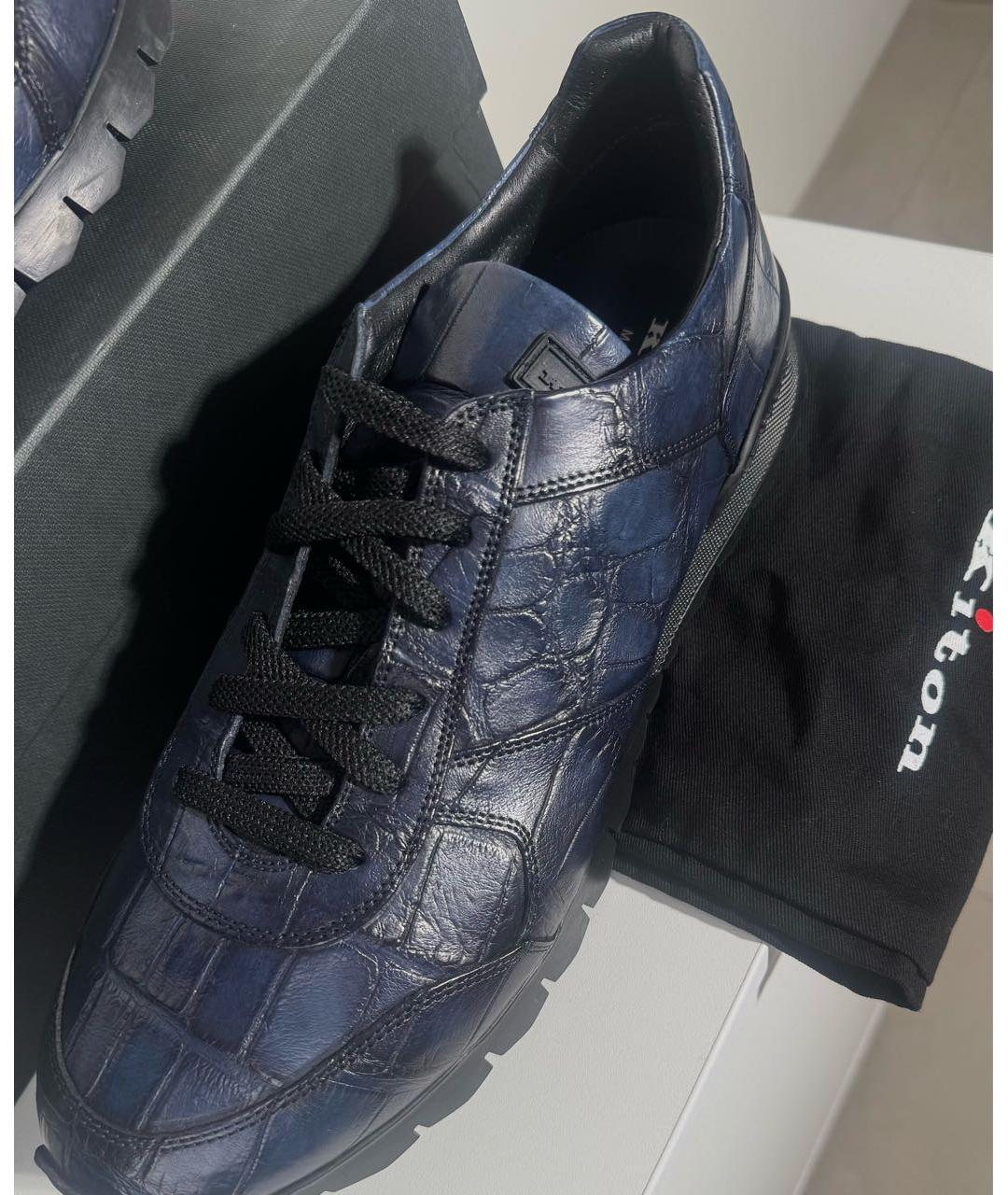 KITON Темно-синие низкие кроссовки / кеды из экзотической кожи, фото 3