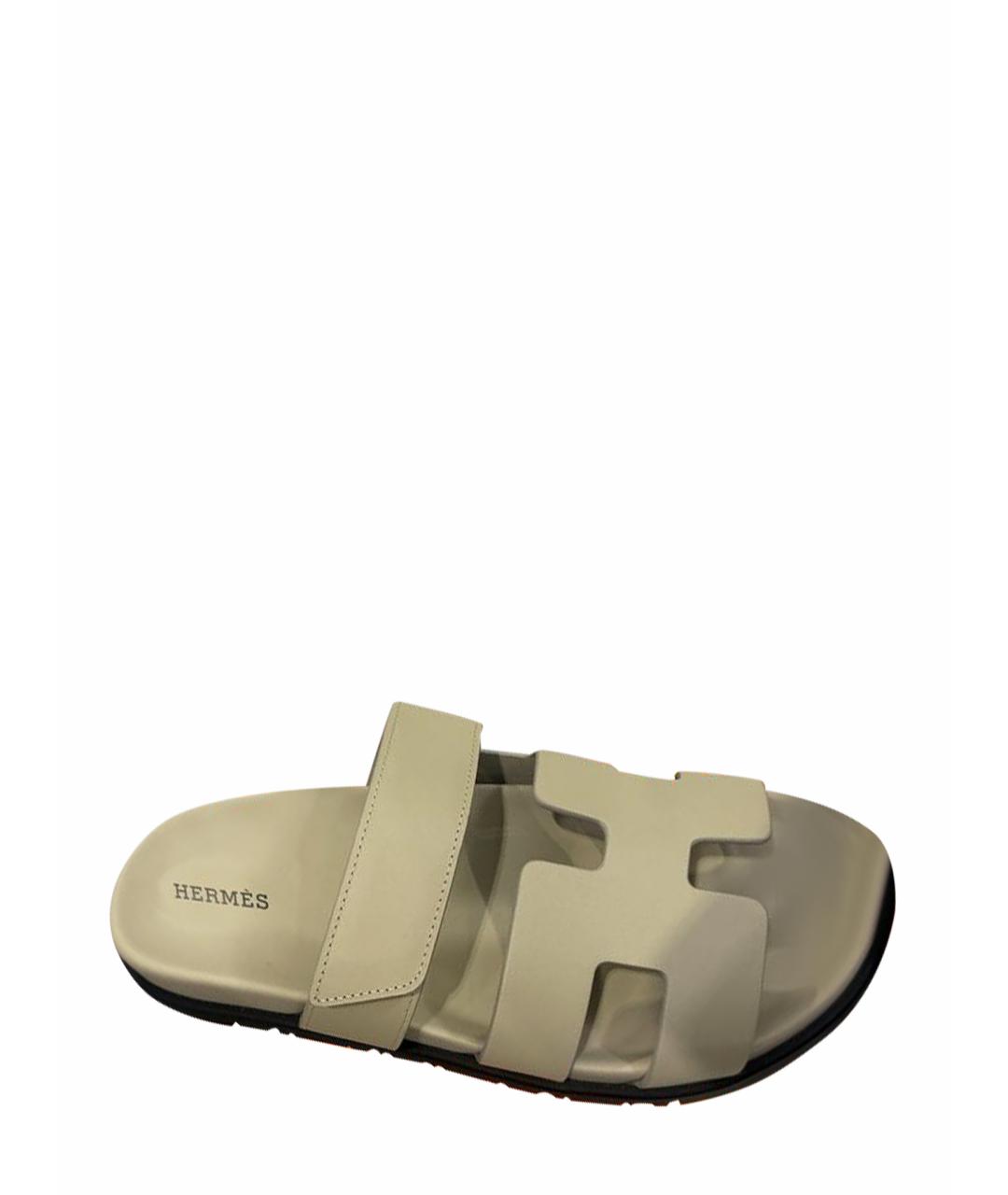 HERMES Серые кожаные шлепанцы, фото 1