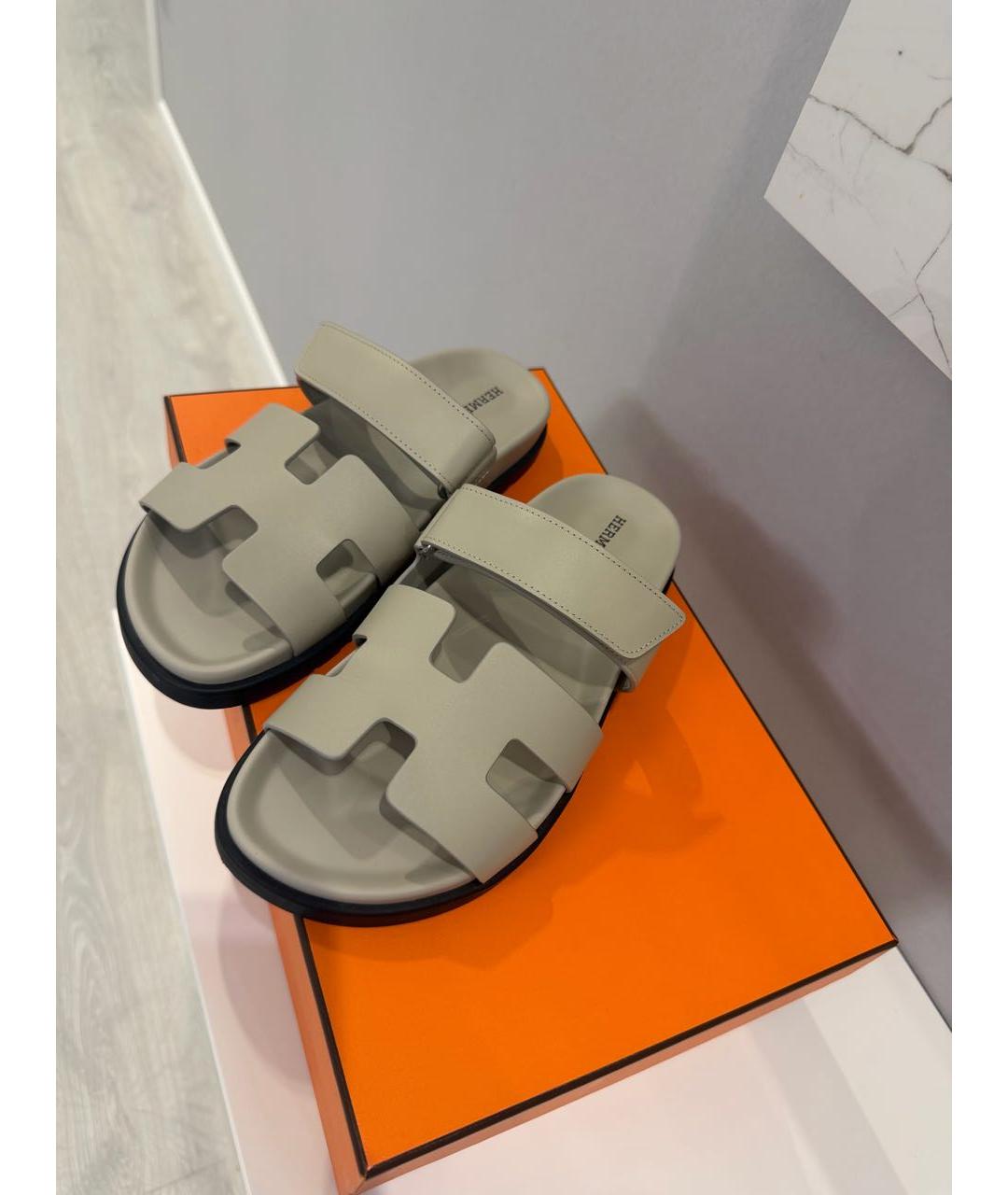 HERMES Серые кожаные шлепанцы, фото 2