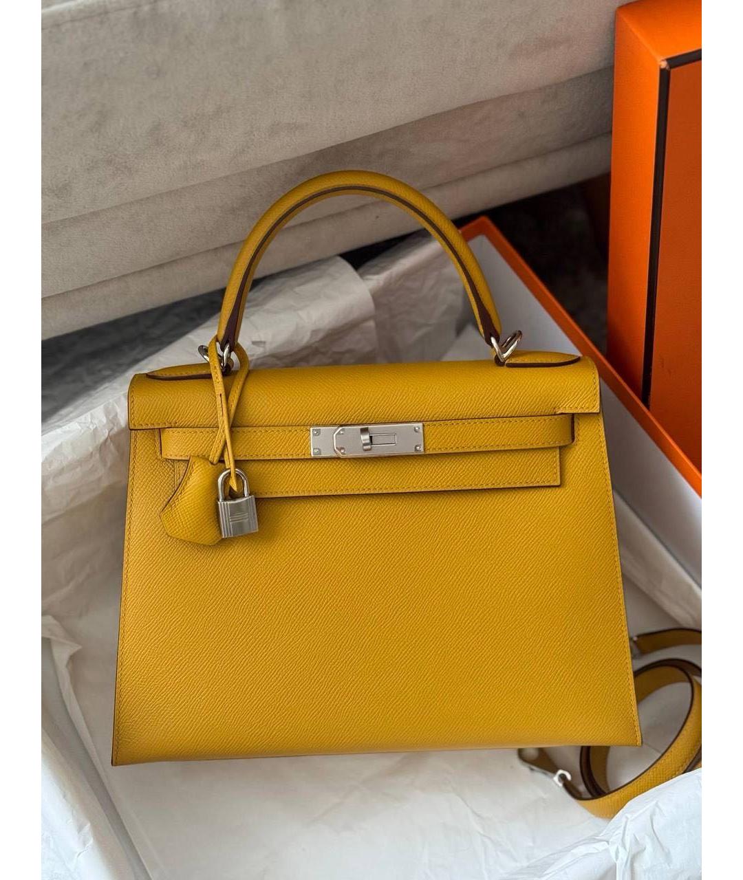 HERMES Желтая кожаная сумка с короткими ручками, фото 9