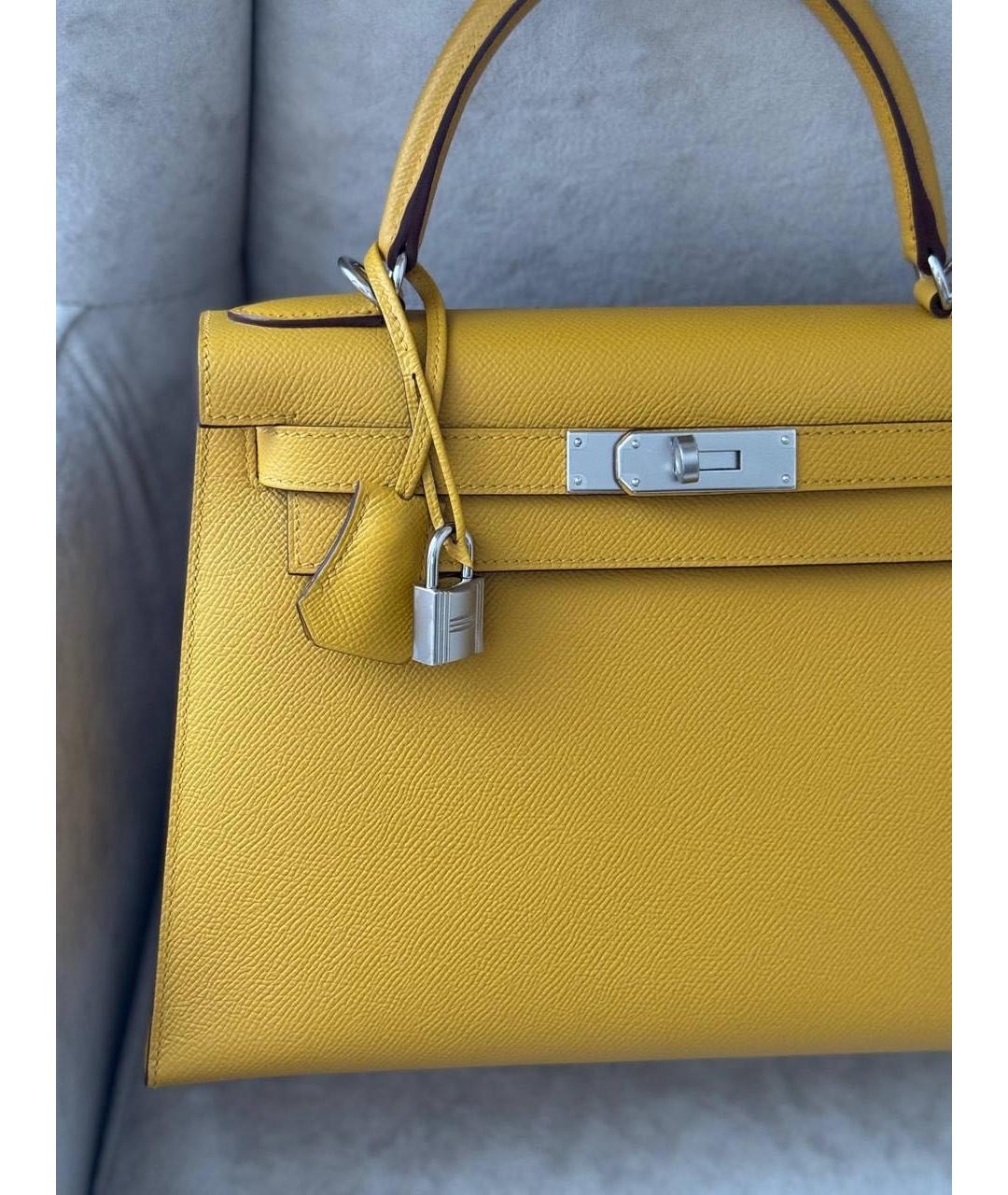 HERMES Желтая кожаная сумка с короткими ручками, фото 3