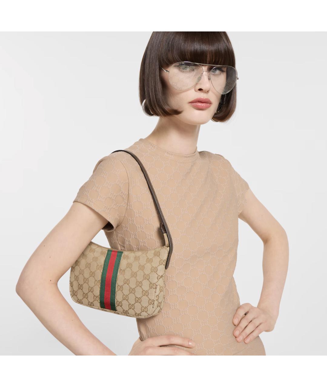 GUCCI Бежевая жаккардовая сумка на плечо, фото 4