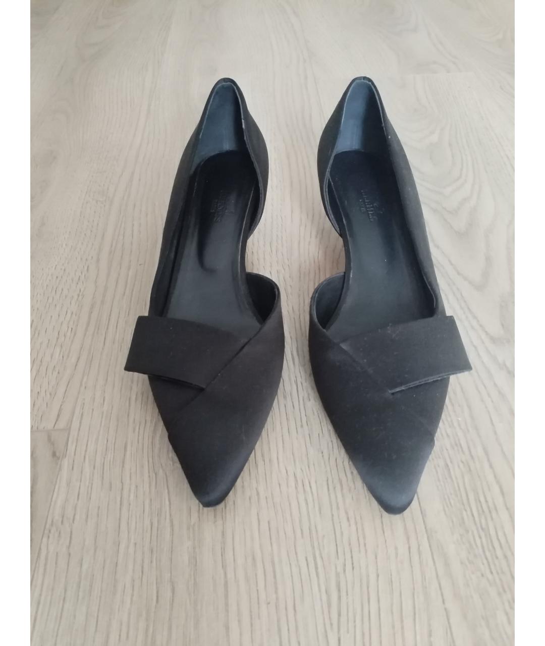 HERMES Черные текстильные лодочки на низком каблуке, фото 3