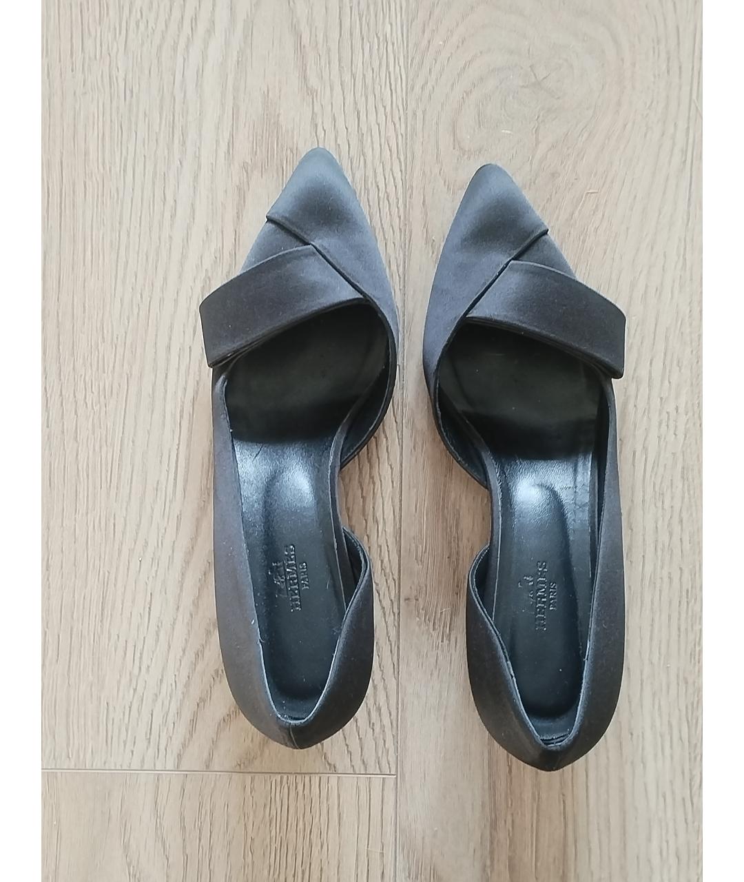 HERMES Черные текстильные лодочки на низком каблуке, фото 4