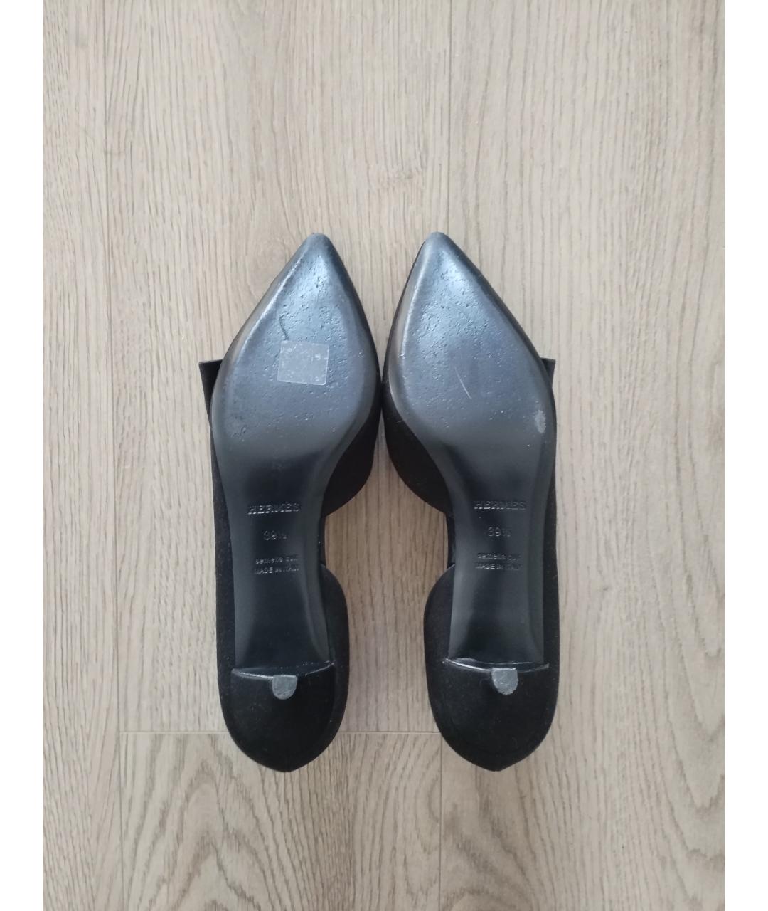 HERMES Черные текстильные лодочки на низком каблуке, фото 6