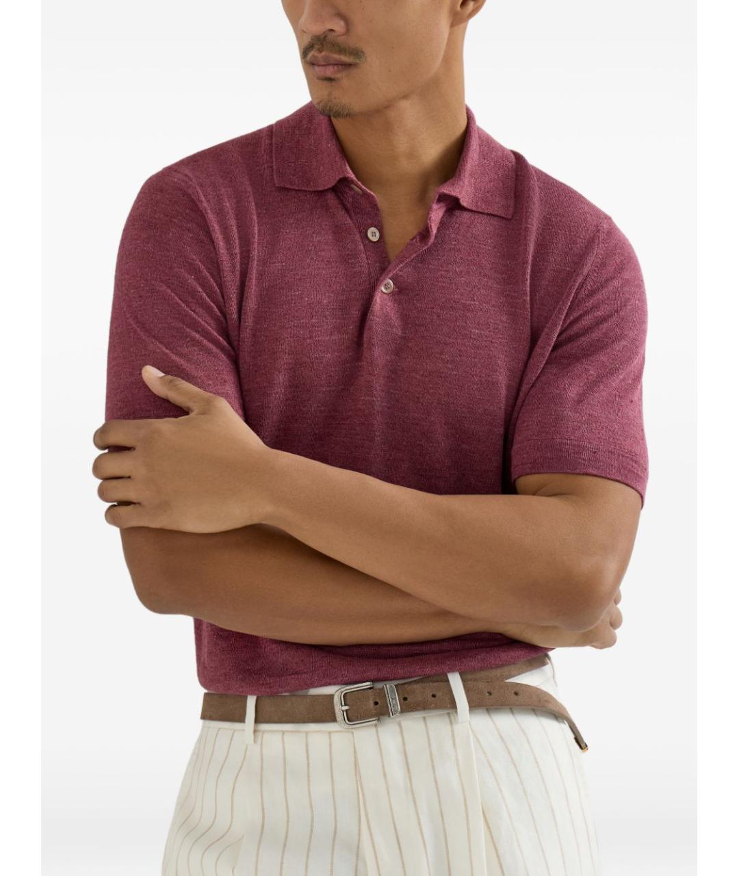 BRUNELLO CUCINELLI Бордовое хлопко-леновое поло с коротким рукавом, фото 6