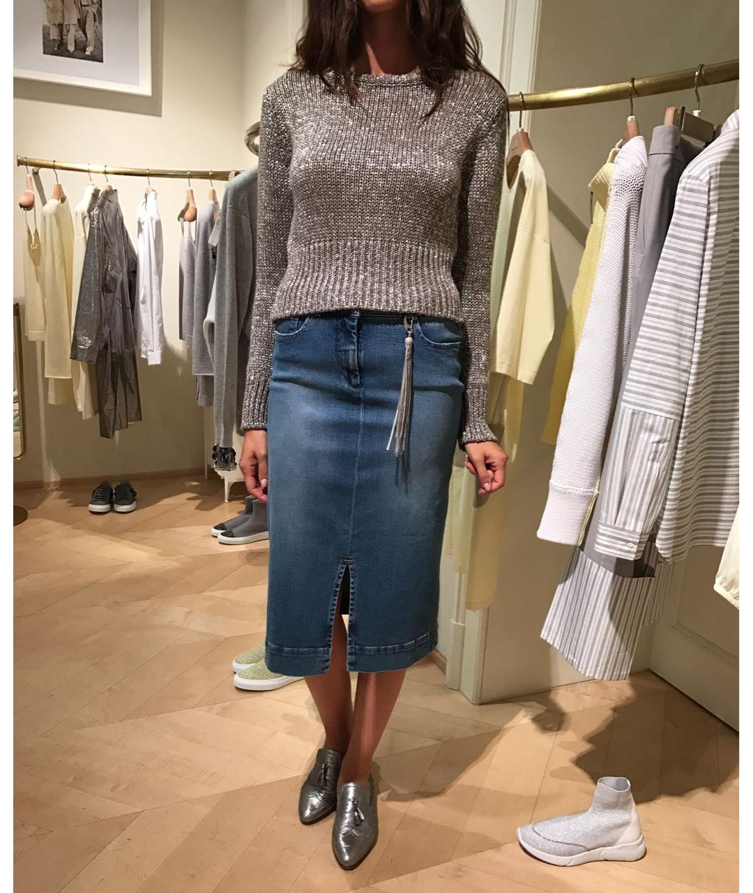 FABIANA FILIPPI Серая хлопко-эластановая юбка миди, фото 7