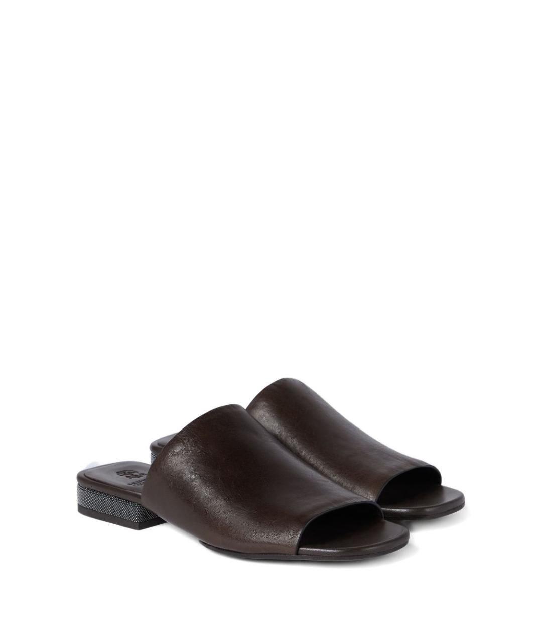 BRUNELLO CUCINELLI Коричневые кожаные шлепанцы, фото 5