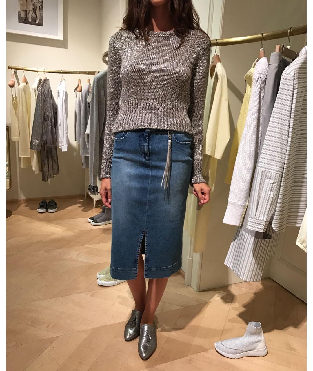 FABIANA FILIPPI Синяя хлопко-эластановая юбка миди, фото 2