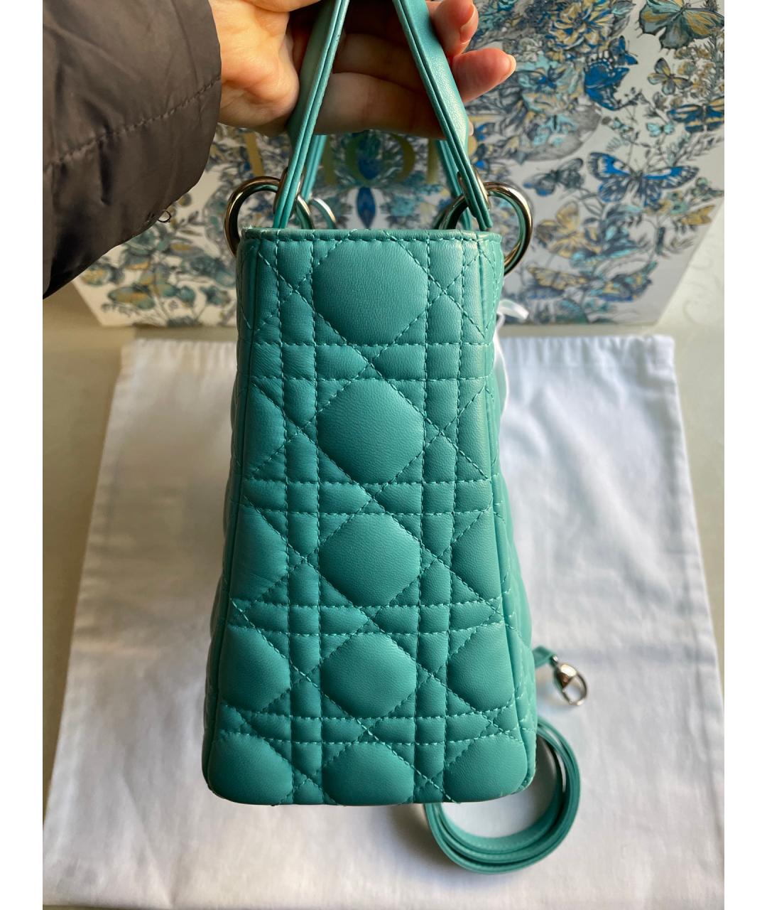 CHRISTIAN DIOR Бирюзовая кожаная сумка с короткими ручками, фото 5