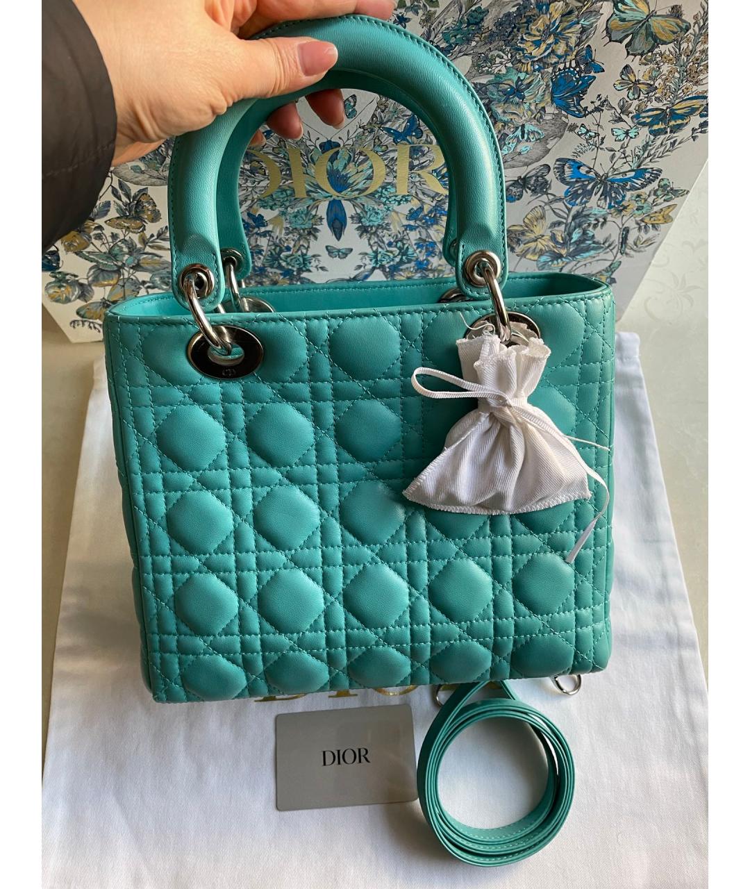 CHRISTIAN DIOR Бирюзовая кожаная сумка с короткими ручками, фото 2