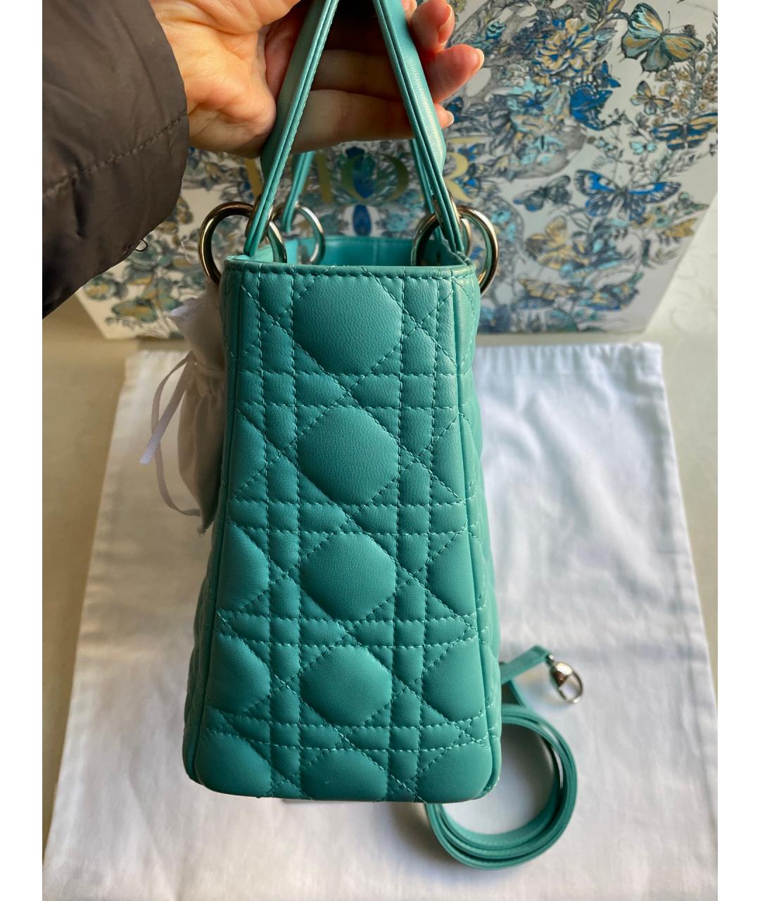 CHRISTIAN DIOR Бирюзовая кожаная сумка с короткими ручками, фото 6