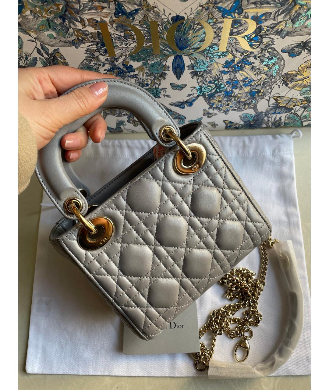 CHRISTIAN DIOR Серая кожаная сумка с короткими ручками, фото 3