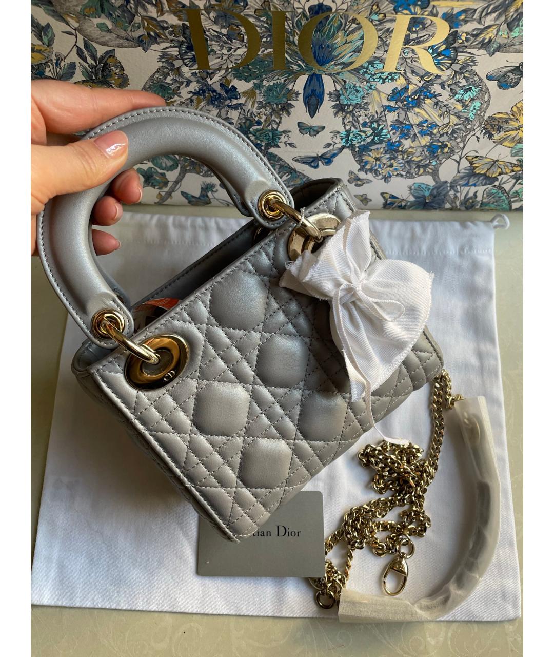 CHRISTIAN DIOR Серая кожаная сумка с короткими ручками, фото 7