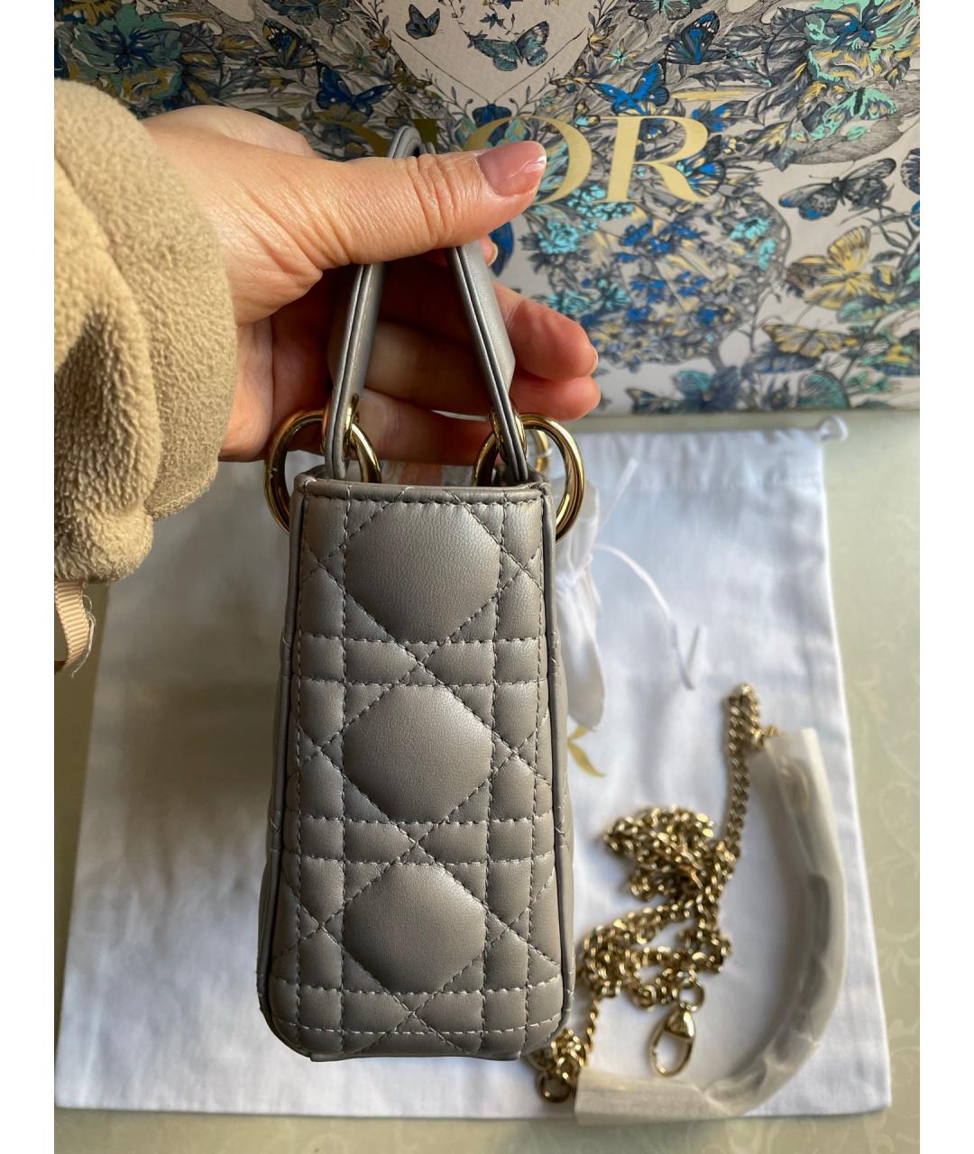 CHRISTIAN DIOR Серая кожаная сумка с короткими ручками, фото 5